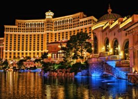 Looking across the lake at the Bellagio Casino and Hotel in Las Vegas, Nevada.