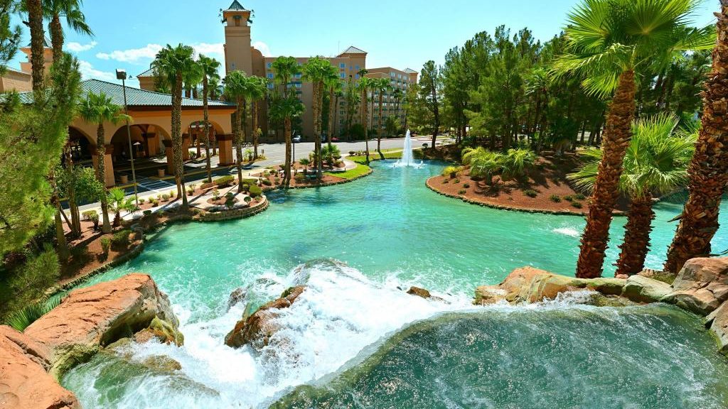 Mesquite Nevada Casinos, CasaBlanca Resort and Casino swimming pool with waterfall and fountain with desert landscaping